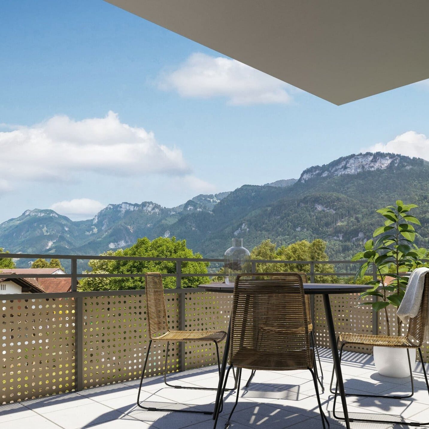 Außenansicht Neubau Altach / Löwengasse – großzügige Terrasse und Bergblick in Toplage Vorarlberg
